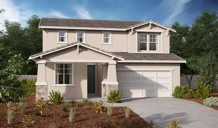 Two-story beige suburban house with a front porch and attached two-car garage, landscaped front yard and concrete driveway.