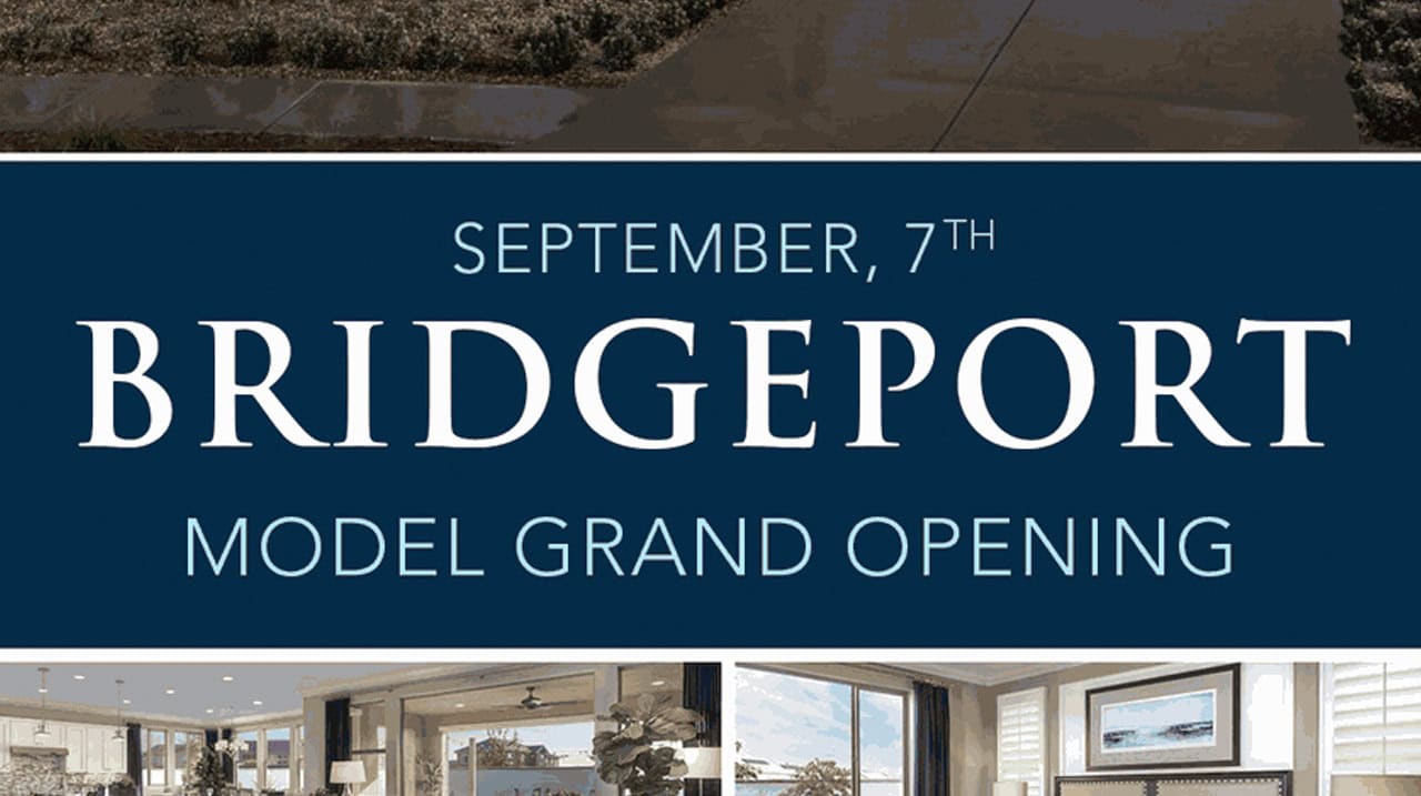 Promotional banner dark blue panel with September 7th Bridgeport and Model Grand Opening over a showroom interior image below