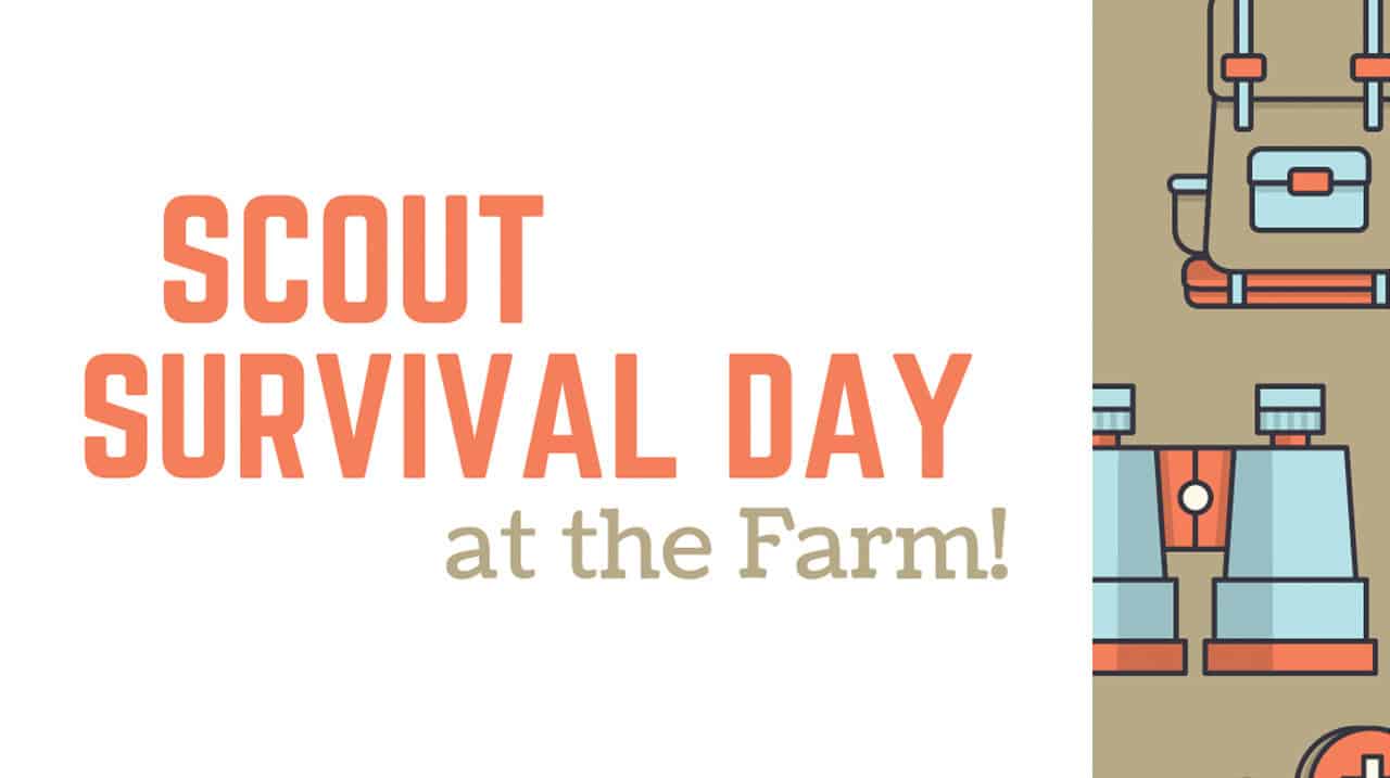 Promotional banner SCOUT SURVIVAL DAY at the Farm in bold orange text on white background with farm themed illustration on the right