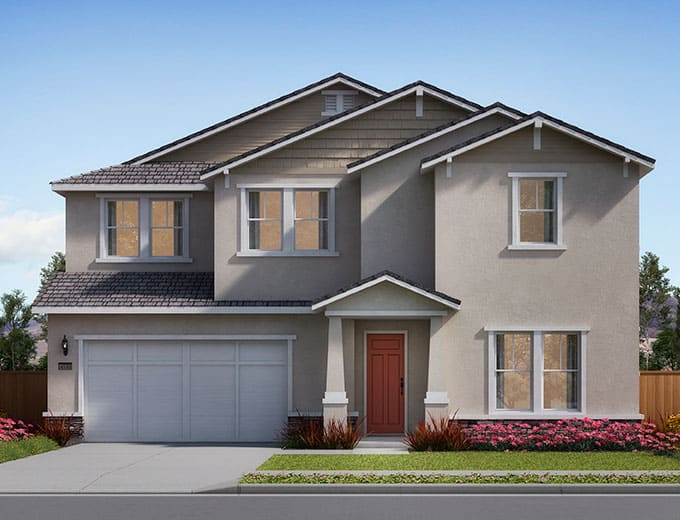 Two-story beige suburban house with a two-car garage, red front door, and landscaped front yard in a quiet neighborhood.