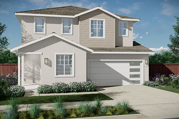 Two story suburban house with a front porch attached two car garage beige siding and a manicured lawn
