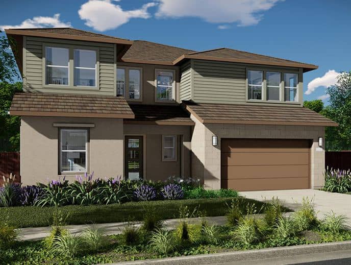 newport4 River Islands Two story suburban house with a brown front garage door and a manicured front yard