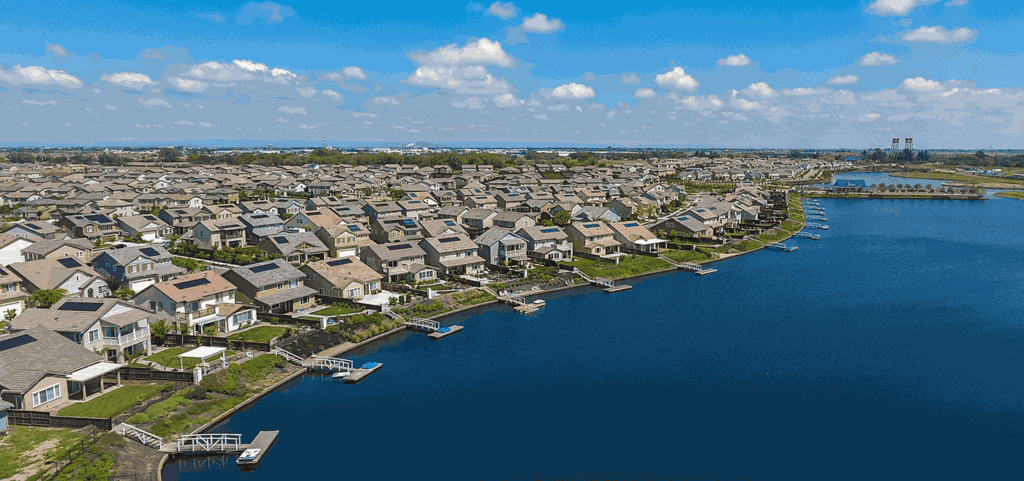 aerial shot of lakefront homes at River Islands