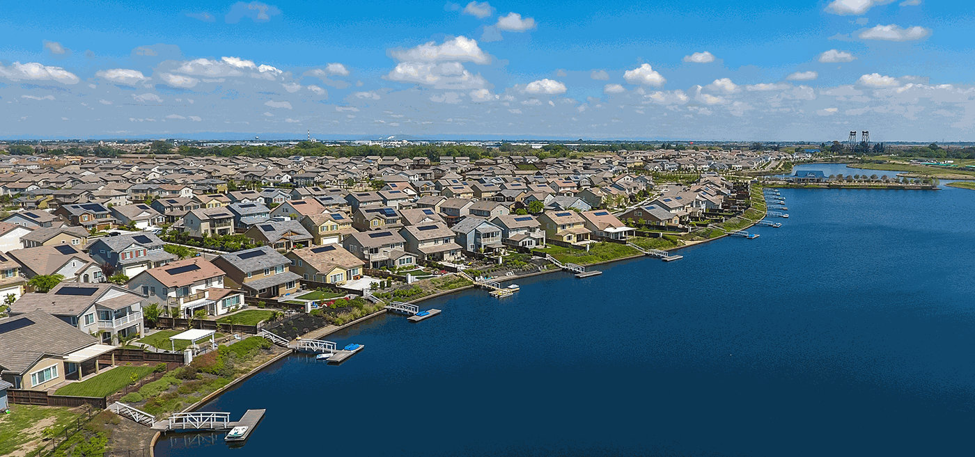 aerial shot of lakefront homes at River Islands
