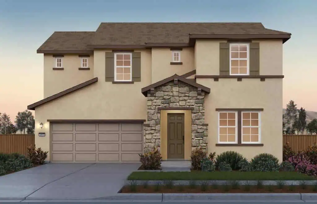 SunsetatRiverIslandsPlan2ElevationBCS1webgeo River Islands Front view of a two story beige stucco house with a stone entryway and brown shutters adjacent to a two car garage at dusk Landscaping and a wooden fence frame the scene