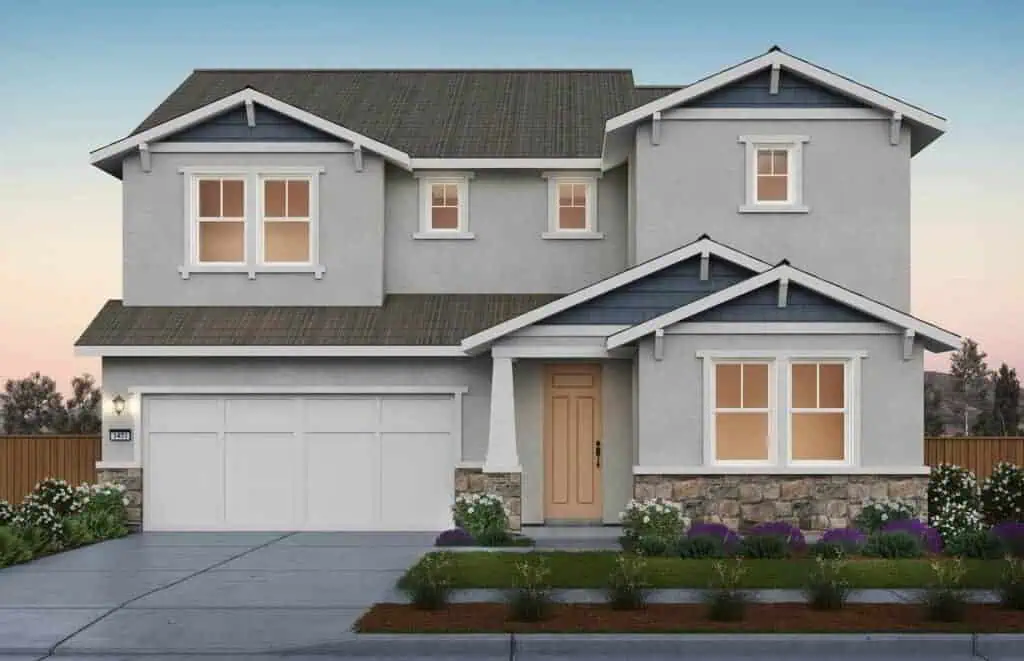 SunsetatRiverIslandsPlan3ElevationCCS3webgeo River Islands Front view of a modern two story gray house with white trim a double garage and landscaped yard