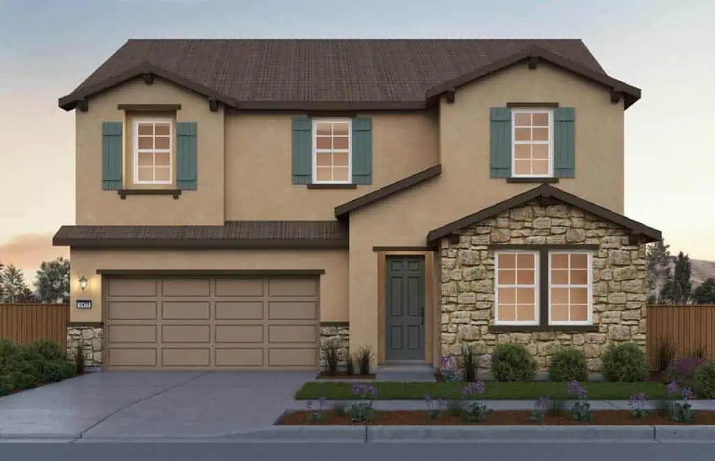 SunsetatRiverIslandsPlan4ElevationBCS3webgeo River Islands Front view of a two story suburban house with beige stucco blue shutters and a stone accent wall on the right two car garage in the left
