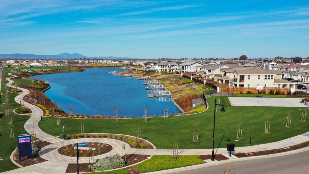 aerial view of a lake and park at river islands