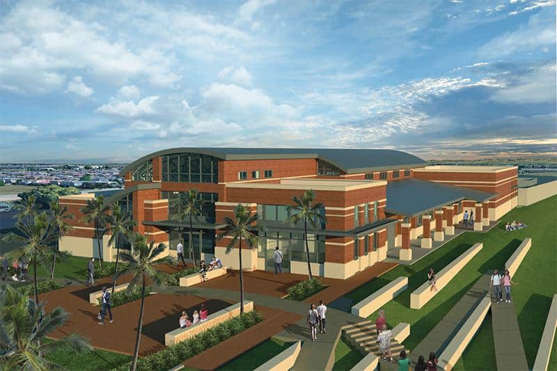 181004LathropPDAdminOfficeRendering River Islands Architectural rendering of a brick campus building with a curved roof palm trees and outdoor terraces beneath a blue sky