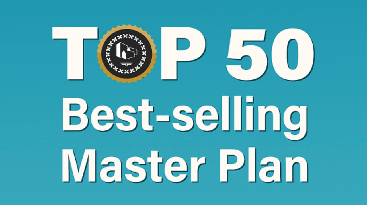 Banner graphic announcing Top 50 Best selling Master Plan on teal background with a gold seal emblem overlapping the text