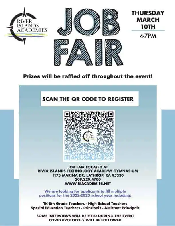 Poster for River Islands Academies job fair with a QR code to register large JOB FAIR text date March 10 47 PM at the academy gym in Lathrop CA
