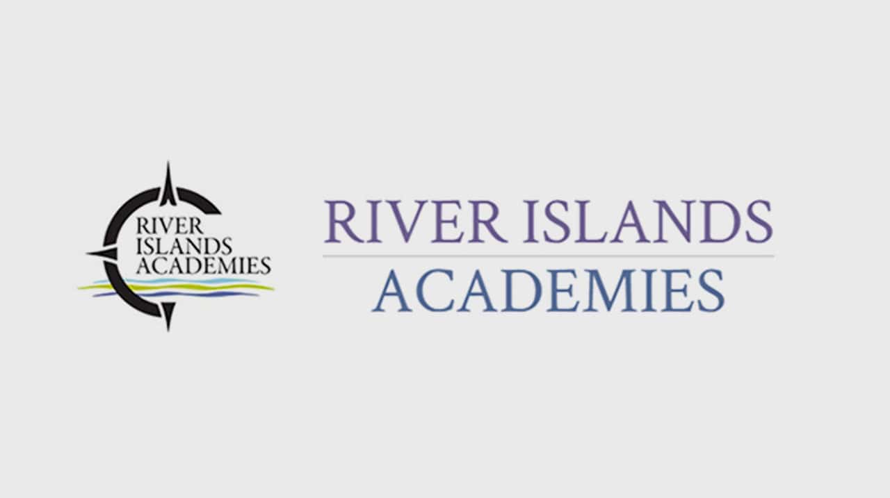 River Islands Academies logo with a circular compass motif and the name in purple and blue text