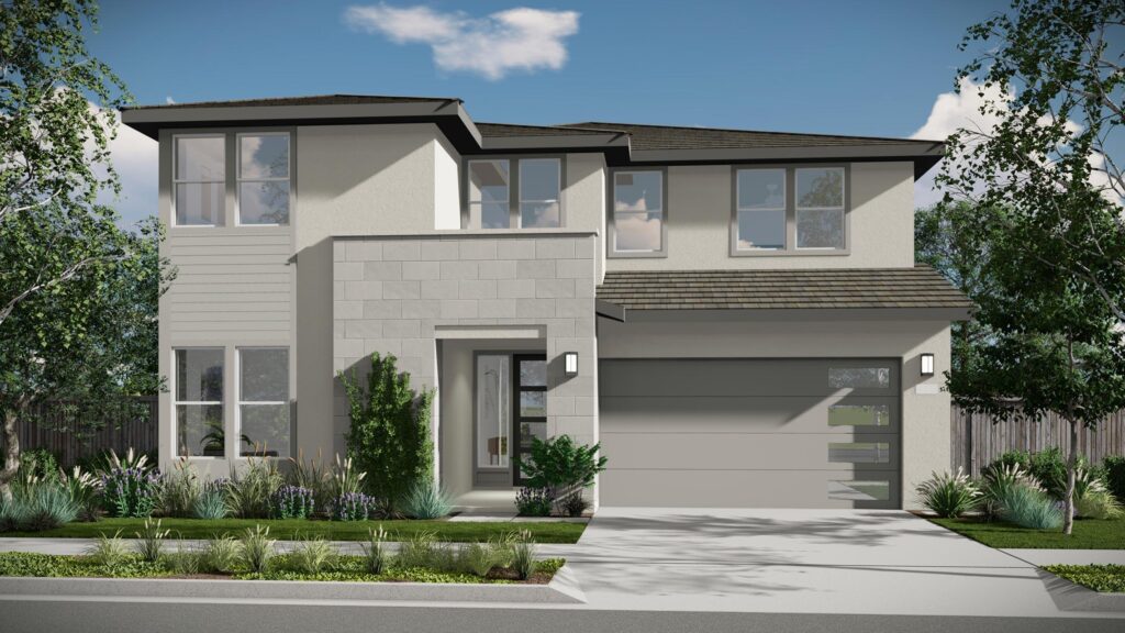 front of modern gray house with green landscaping