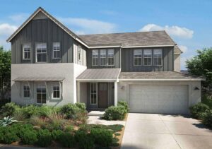 front of house with gray siding and gray roofing