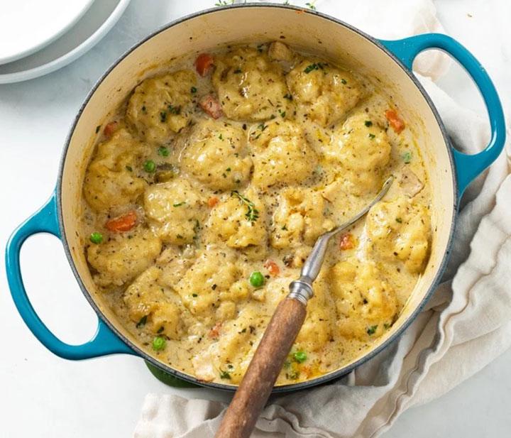 blue pot of chicken and dumplings