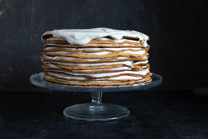 gingerbread pancakes on a blue plate