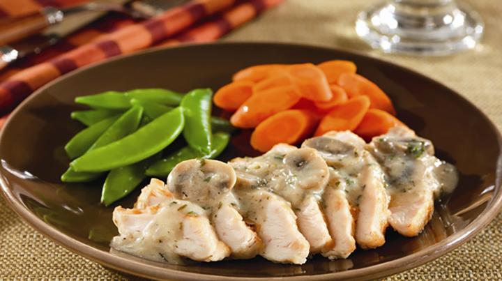 chicken with peas and carrots on a plate