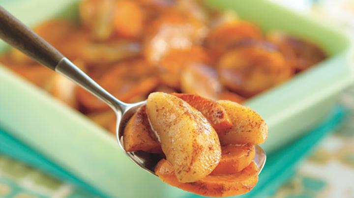 pan of baked sweet potatoes and apples