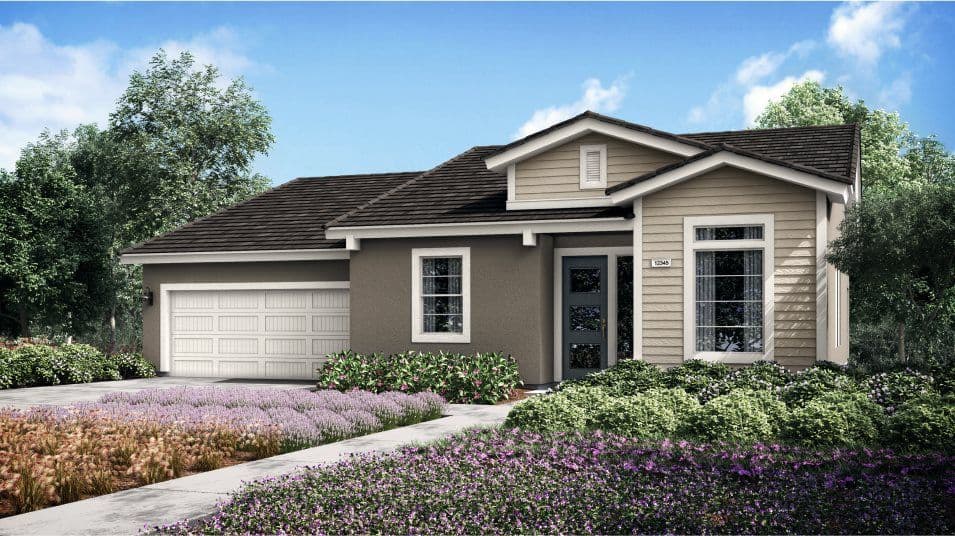 Single story suburban house with attached two car garage and landscaped front yard with purple flowering plants