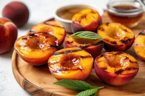 griled peaches on wooden board
