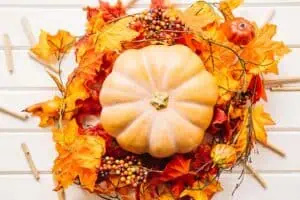 RIBlogFallDecor20230926PumpkinWreath720 River Islands pumpkin in a leaves wreath 3780226789590045 12132193629810645