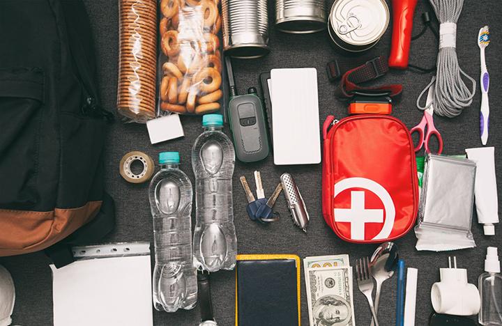 emergency pack items with water