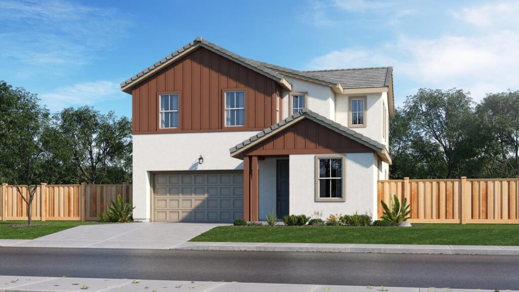 Two story suburban house with brown wood siding accents attached two car garage and a manicured front yard fenced by a wooden privacy fence