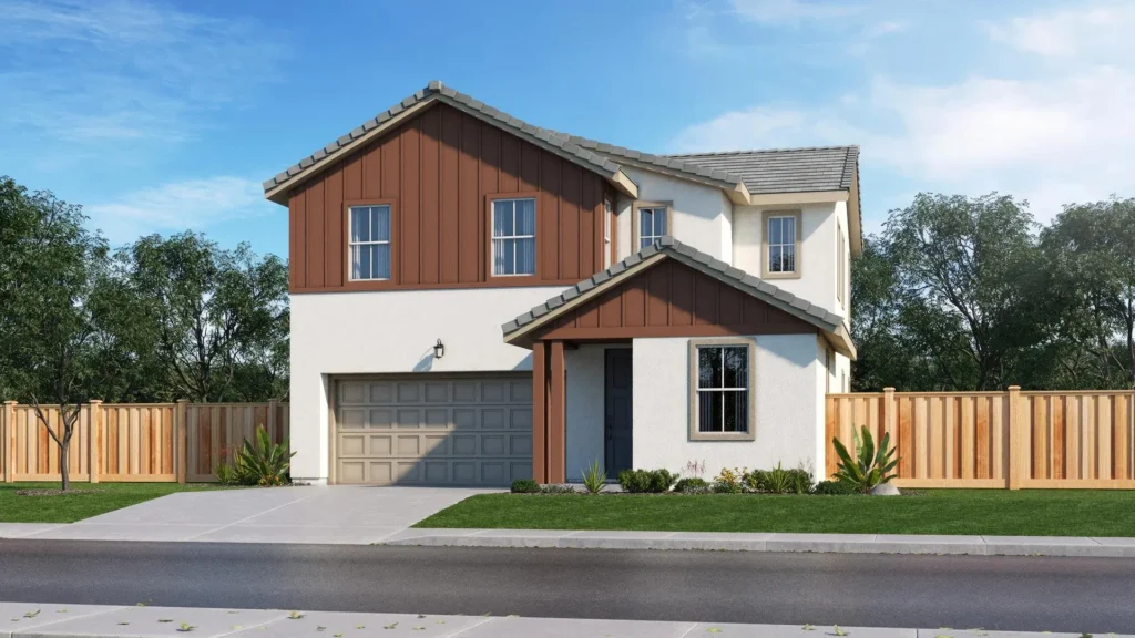 Two story suburban house with brown wood siding accents attached two car garage and a manicured front yard fenced by a wooden privacy fence