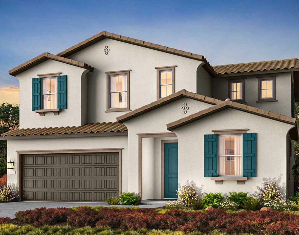 Two story beige stucco house with teal front door blue shutters and a two car garage