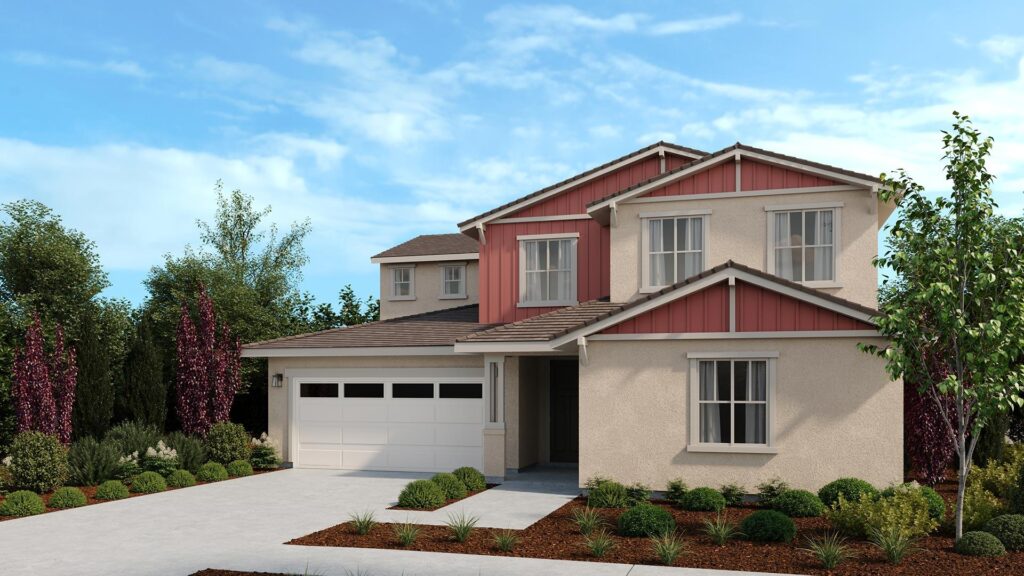 Two story beige house with red trim and a white two car garage surrounded by shrubs