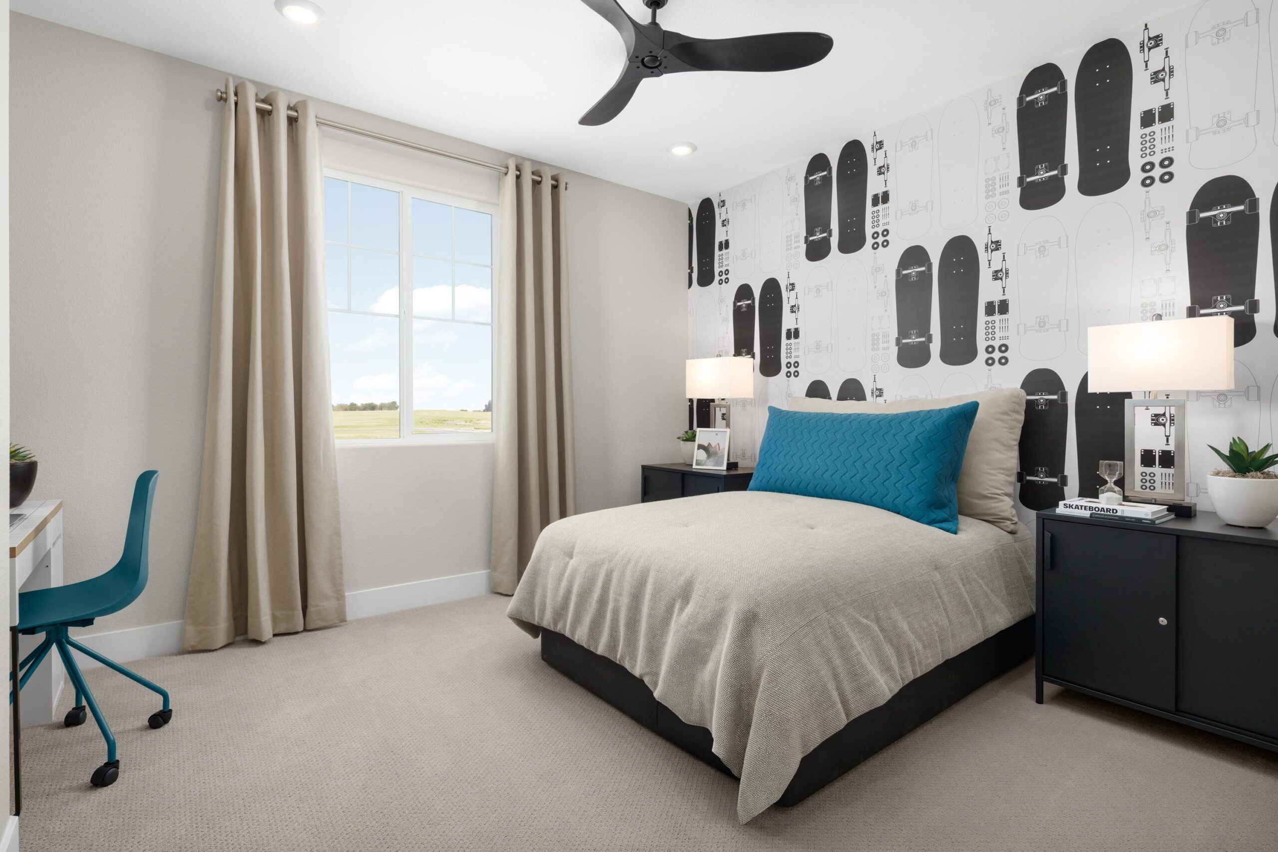 Stylish secondary bedroom in Bridgeway Plan 3503 designed with skateboard accent wall, modern furnishings, and wide window views.