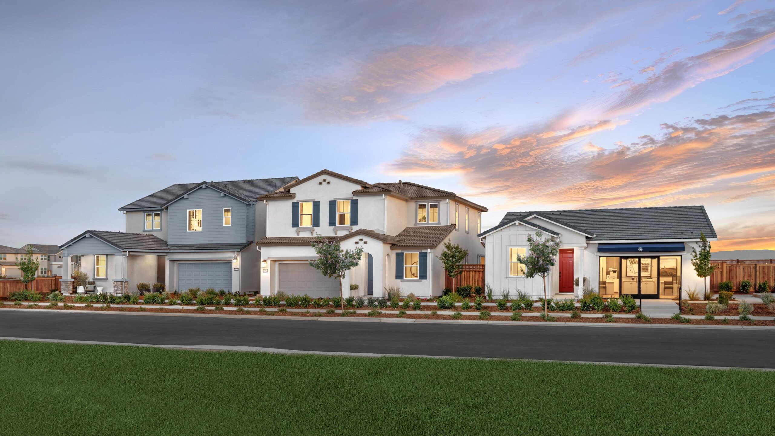 Street view of Bridgeway at River Islands by New Home Company, featuring single-story and two-story homes with modern designs, flex spaces, and EVO Home Technology.
