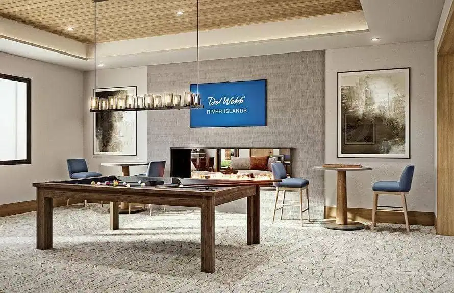 DelWebbBilliardsRoom2geo River Islands Billiards room inside the Lakeview Club at Del Webb River Islands with a pool table modern seating and a welcoming lounge atmosphere