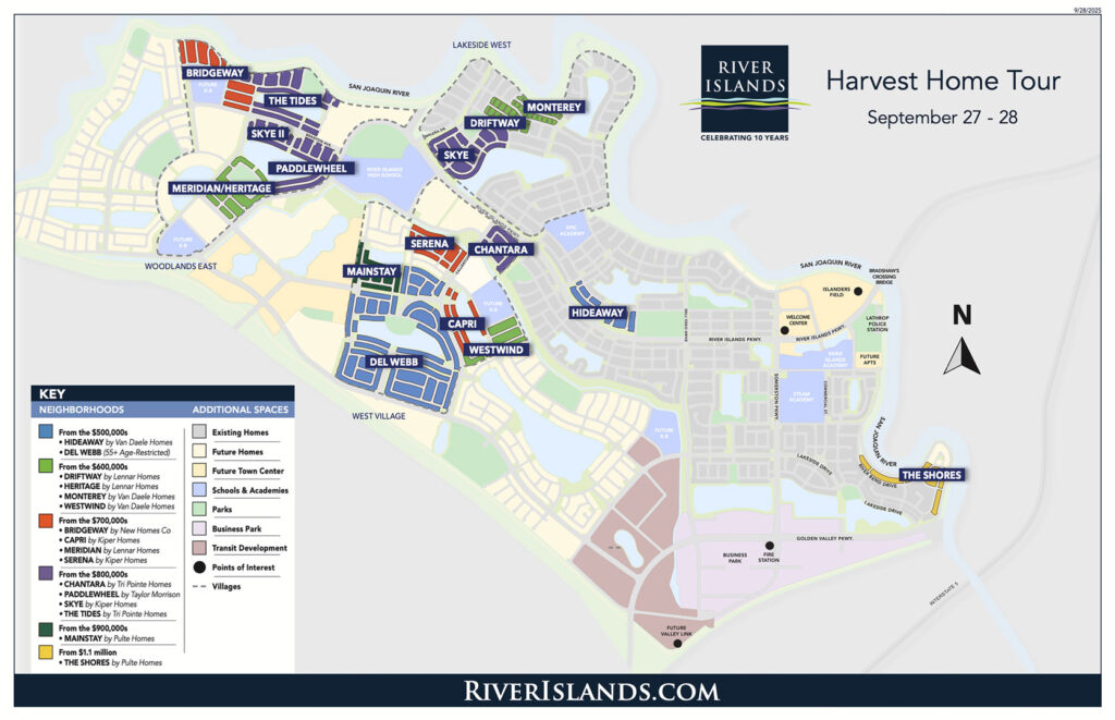A map diagram highlighting the neighborhoods available for sale: Bridgeway, The Tides, Skye, Skye II, Paddlewheel, Meridian, Heritage, Driftway, Monterey, Serena, Chantara, Mainstay, Capri, Westwind, Hideaway, The Shores, and Del Webb (55+)