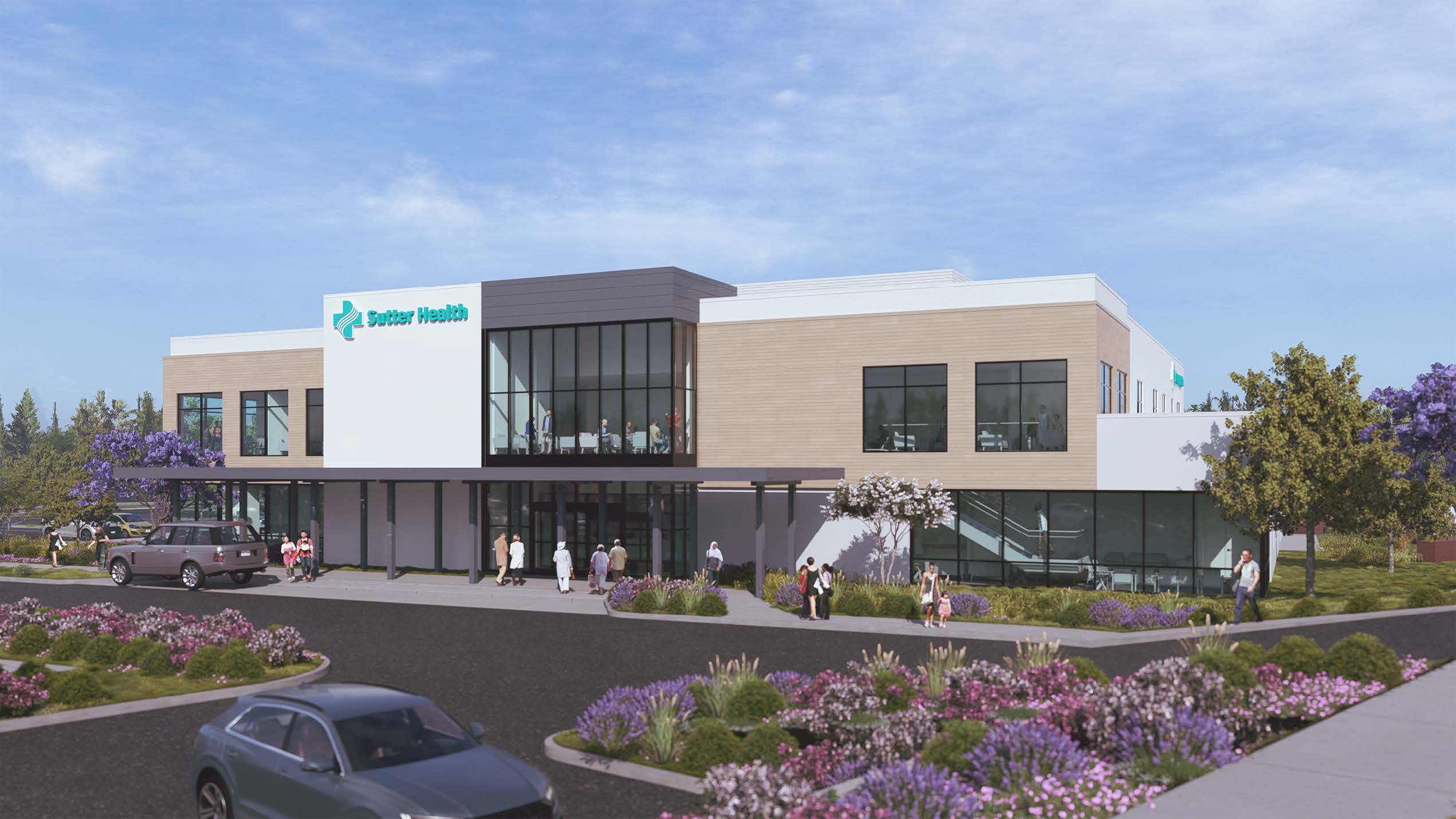 Rendering of a modern Sutter Health medical building with glass entrance beige brick walls and landscaped parking area under a blue sky