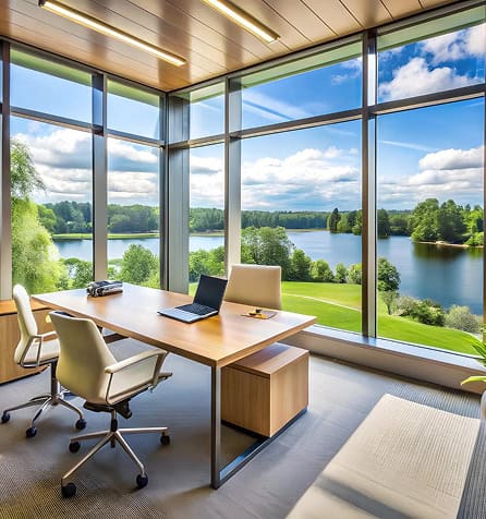 Modern office with a wooden desk facing floor to ceiling windows overlooking a lake and green landscape