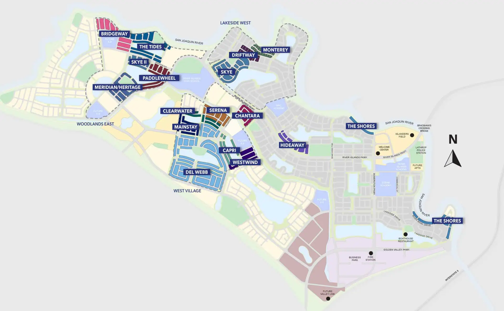 Map of a coastal community showing labeled neighborhoods MeridianHeritage Paddlewheel The Tides Skye II Driftway Monterey The Shores Capri Westwind Del Webb and surrounding roads and water features with North indicator at the right edge