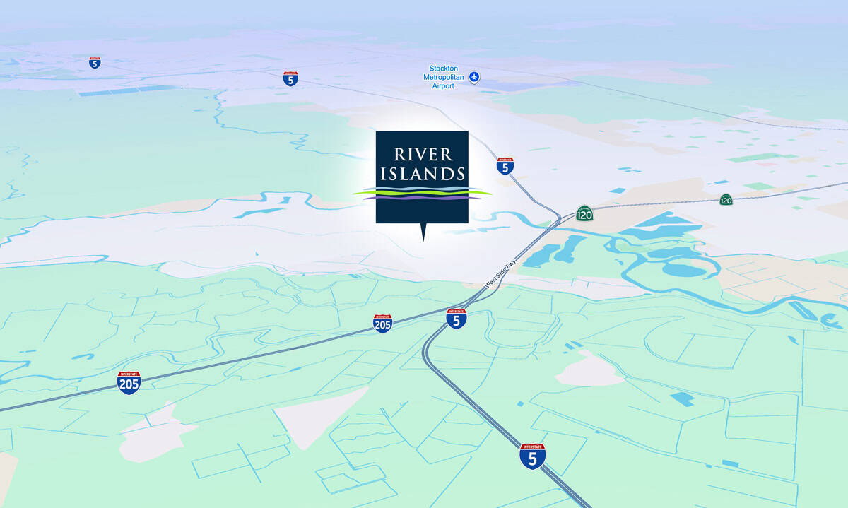 Map showing River Islands location along I 5 near Stockton California with I 205 nearby
