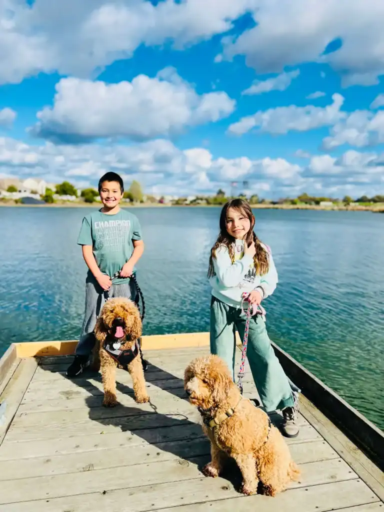 Two kids stand on a wooden dock by a lake with two fluffy dogs under a blue sky with clouds